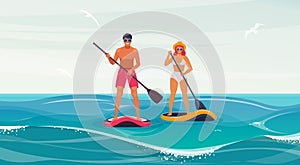 Man and woman on stand up paddle board