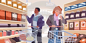 Man and woman standing in aisle between shelves to select food products from list and buy, perspective view of store