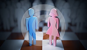Man and woman standing on chess board. Gender equality concept. 3D rendered illustration.