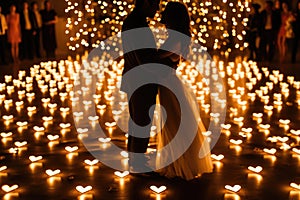 Man and Woman Standing in Front of a Field of Lights, Illuminated and Serene, A couples\' dance floor lit up