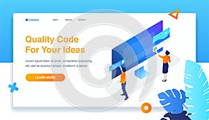 Man and woman standing in front of monitor, build  website, user interface, website development, 3d isometric, landing page