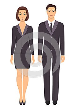 Man and woman standing in full growth in formal clothes. Couple in elegant and casual clothes. Basic wardrobe. Vector illustration