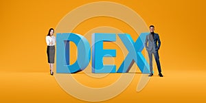 Man and woman standing near big DEX sign