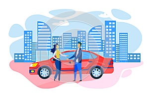 Man Woman Standing near Parked Car Flat Cartoon