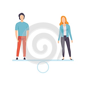 Man and Woman Standing on Scales, Equal Rights of People, Gender Equality in Society Vector Illustration