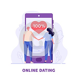 Man and woman stands in front of the phone and hold hands. Concept of online meeting, online dating, virtual relationship, love,