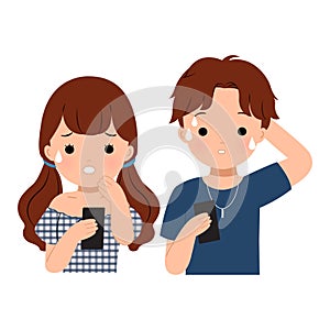 Man and woman staring at their phone with anxious expression. Receiving bad news.