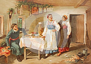 Man and woman staring on the young girl in Home wrecker by Trutovskiy in a vintage book gallery of Russian Painters, 1891, St.