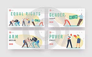 Man and Woman Struggle for Equal Gender Rights Landing Page Template Set. Male Female Characters Arm Wrestling