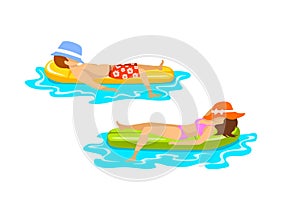 Man and woman on summer time beach vacations relaxing sunbathing floating swimming on inflatable mattress on wate