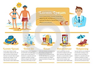 Man and woman sunbathing infographics couple vacation summer time on the beach sand tropical nature vector illustration.