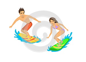 Man and woman surfers isolated