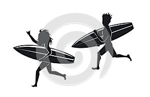 Man and woman surfers running with surfboard