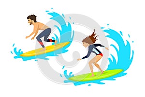 Man and woman surfers surfing riding on waves isolated vector