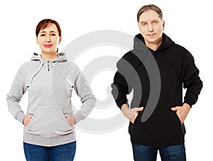 Man and woman in sweatshirt mock up isolated, hoodie mockup empty blank copy space