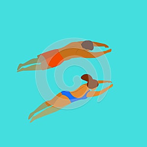 Man and woman swimming diving in a pool backside from above view photo