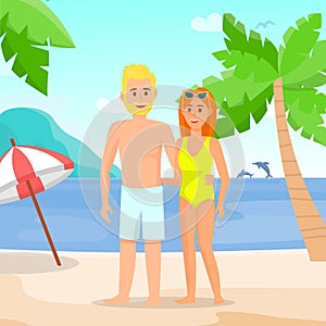 Muž a žena v plavky na pláž byt kreslení 