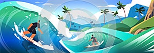 man woman in swimwear riding surf boards by sea or ocean waves surfing sport summer activity concept
