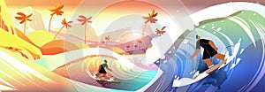 man woman in swimwear riding surf boards by sea or ocean waves surfing sport summer activity concept