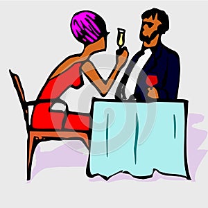 Man and woman, at the table, with a glass of red and white wine