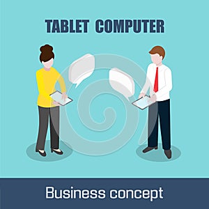 Man and woman with tablet computer. Clouds for replicas. Business concept.