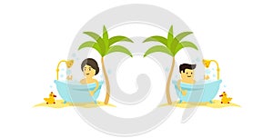 A man and woman takes a bath. Shower in the bathroom. Bathing time relaxation. Vector cartoon style