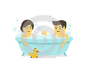 A man and woman takes a bath together. Shower in the bathroom. Bathing time. Romantic relaxation. Cartoon style.