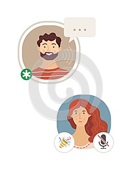 Man and woman talking in Clubhouse application flat vector illustration