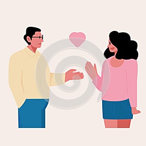 a man and woman are talking each other heart shape bubble above them