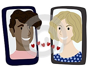 Man and woman talking with each other on their smartphones. Virtual dating concept.