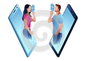 Man and woman talking with each other using mask through smart phone photo