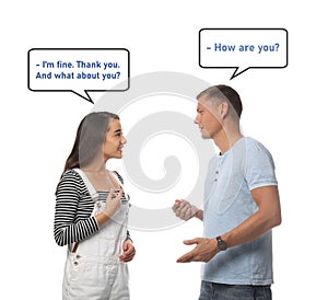 Man and woman talking on white background. Dialogue balloons with phrases in English over them