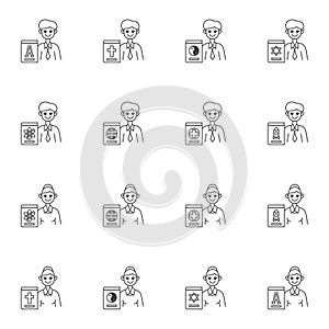 Man and woman teacher line icons set