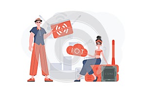 A man and a woman are a team in the field of the Internet of things. Internet of things and automation concept. Good for