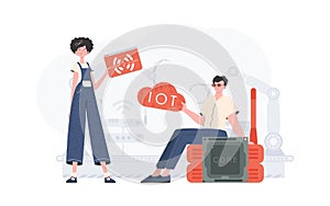 A man and a woman are a team in the field of the Internet of things. Internet of things and automation concept. Good for