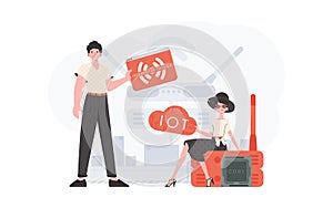 A man and a woman are a team in the field of the Internet of things. IOT and automation concept. Good for websites and