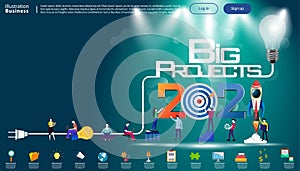 Man and woman think analyze creative   with 2021 Big Projects text, Light bulb,darts shoot Into crotch for success,set icon, photo