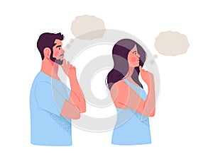 Man and woman thinking with empty thought bubble on isolated background