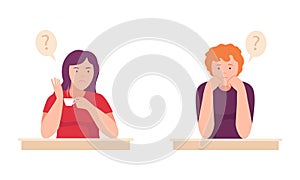 Man and woman thinking with question marks over their heads set. Puzzled persons thinking about problems vector