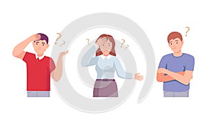 Man and woman thinking with question marks set. Doubting people thinking about their problems vector illustration