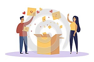 Man and woman throwing emojis into box give positive or negative feedback for service. People like or dislike company service