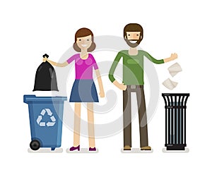 Man, woman throws garbage in trash can. Ecology, rubbish removal vector illustration