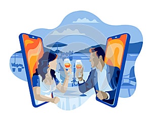 Man and Woman Toast Wine having Online Internet Dating Flat Illustration Concept