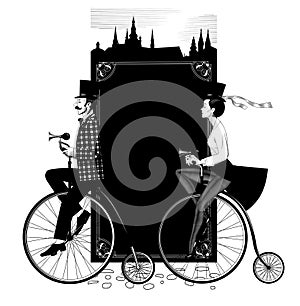 Man and woman in top hats ride retro bicycles against the background of a decorative frame and the silhouette of the old city