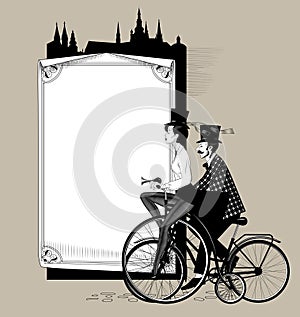 Man and woman in top hats ride retro bicycles against the paper sheet with a decorative frame and the silhouette of the old city