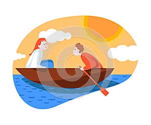 Man and Woman Tourist Character Sailing Wooden Boat on Vacation Trip or Journey Vector Illustration