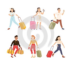 Man and Woman Tourist Character with Suitcase and Luggage Going on Journey Vector Set