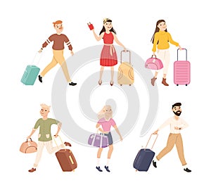 Man and Woman Tourist Character with Suitcase and Luggage Going on Journey Vector Set