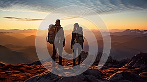 man and woman tourist hiking at mountain peak at sunset, romantic hikers couple standing at cliff at sunrise