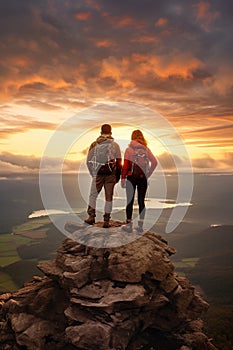 man and woman tourist hiking at mountain peak at sunset, romantic hikers couple standing at cliff at sunrise